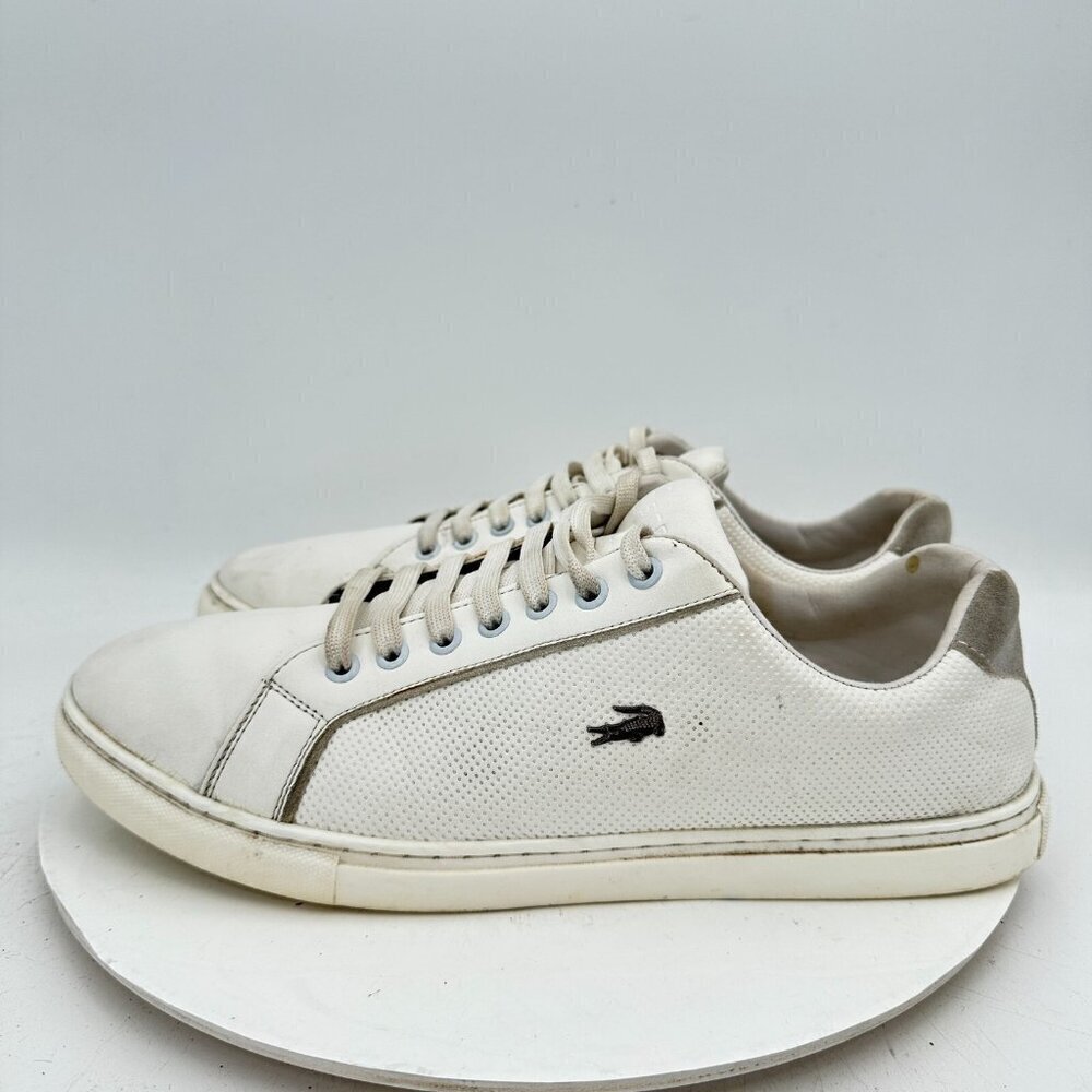 Lacoste Men Size 12 White Leather Grey Suede Lace Up Low Top Tennis Shoes